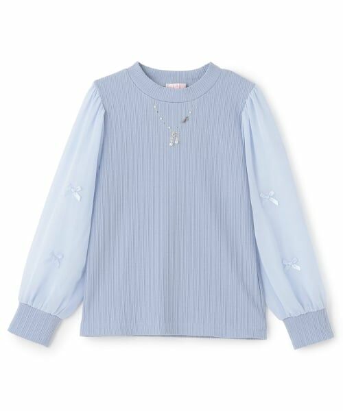 mezzo piano / メゾピアノ Tシャツ | 音符ネックレス刺しゅう 袖シフォン テレコTシャツ(サックス)