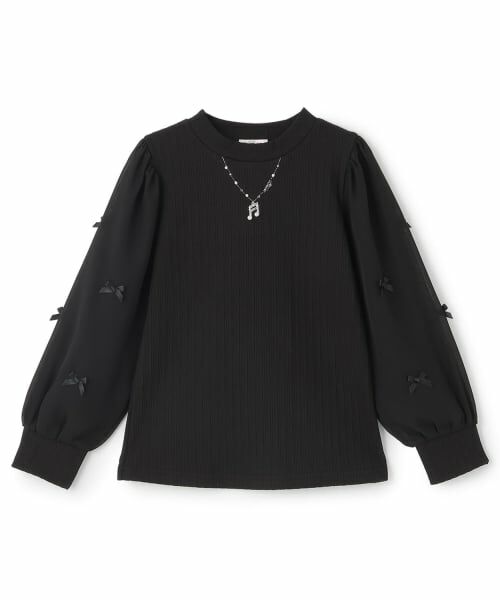 mezzo piano / メゾピアノ Tシャツ | 音符ネックレス刺しゅう 袖シフォン テレコTシャツ(黒)