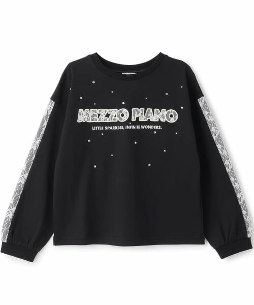 mezzo piano / メゾピアノ Tシャツ | 袖ロゴレースライン 長袖Tシャツ(黒)