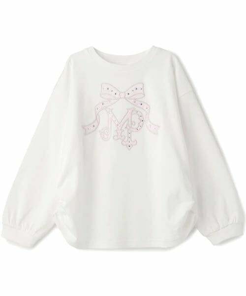 mezzo piano / メゾピアノ Tシャツ | リボンロゴアップリケ　長袖Tシャツ（オフ ホワイト）