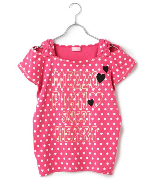 ＊＊mezzo piano / メゾピアノ Tシャツ | 大粒ドットプリント肩だしカットソー（ディープ ピンク）