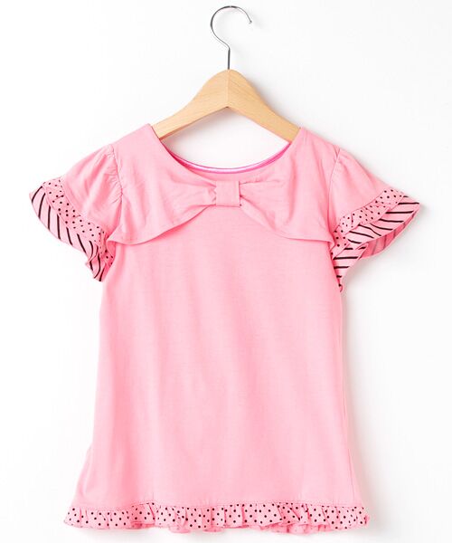 美品メゾピアノ100リボンセットアップピンクTシャツ&フリルスカパンツ2点セット 楽天市場】メゾピアノ(mezzo piano)肩フリル＆リボン 配色ニット