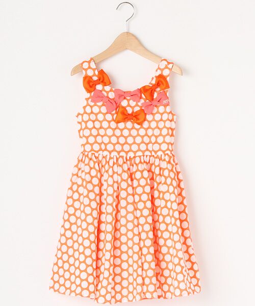 ＊＊mezzo piano / メゾピアノ ミニ・ひざ丈スカート | リボンデコ大粒水玉ジャンパースカート（オレンジ）