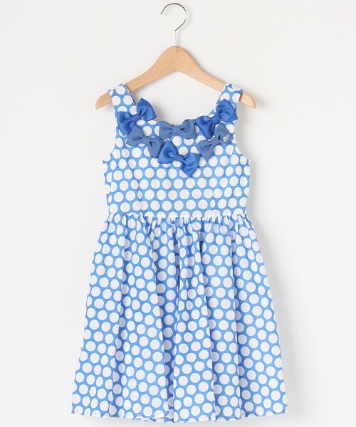 ＊＊mezzo piano / メゾピアノ ミニ・ひざ丈スカート | リボンデコ大粒水玉ジャンパースカート（ブルー）