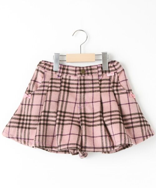 ＊＊mezzo piano / メゾピアノ ショート・ハーフ・半端丈パンツ | 【ネット限定】リボンつきチェック柄キュロット（ピンク）