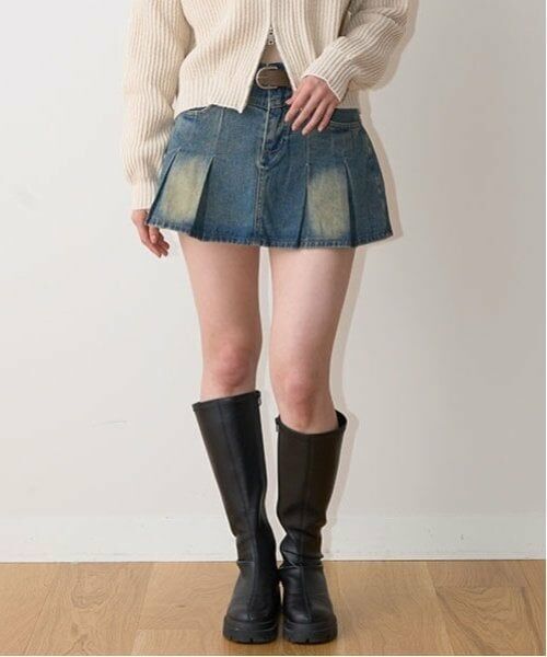 Mi-je / ミジェ ミニ・ひざ丈スカート | デニムBOXプリーツスカート【韓国ファッション】（ブルー）