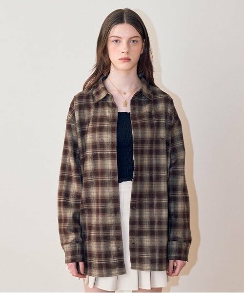 Mi-je / ミジェ シャツ・ブラウス | オンブレチェックシャツ【韓国ファッション】（茶）