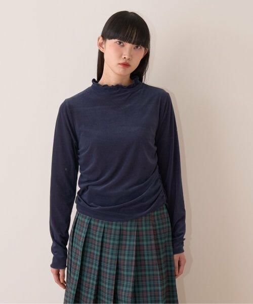 Mi-je / ミジェ Tシャツ | シアーベロアトップス【韓国ファッション】（紺）