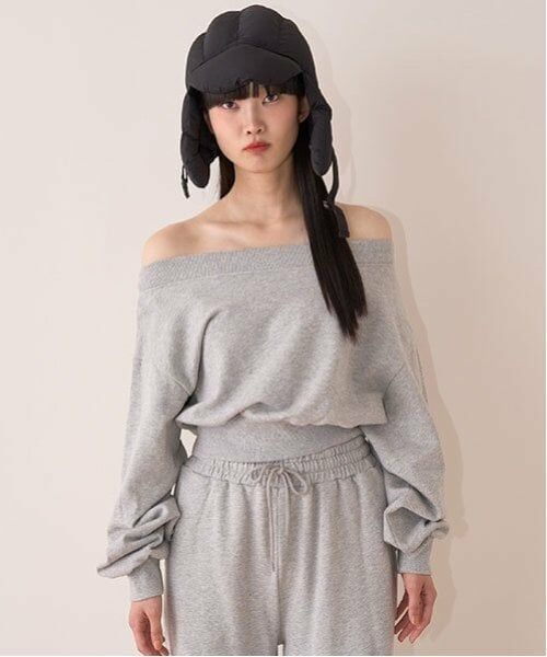 Mi-je / ミジェ Tシャツ | オフショルスウェットプルオーバー【韓国ファッション】（トップ グレー）