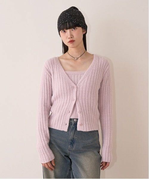 Mi-je / ミジェ ニット・セーター | リブカーデキャミSET【韓国ファッション】（ピンク）