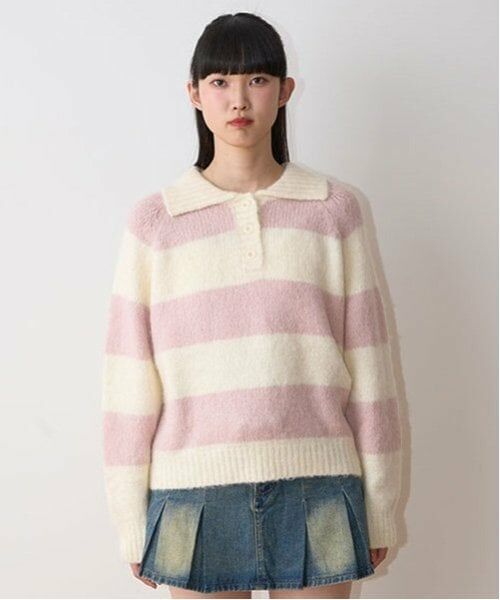 Mi-je / ミジェ ニット・セーター | 太ボーダー衿つきニット【韓国ファッション】（ピンク）
