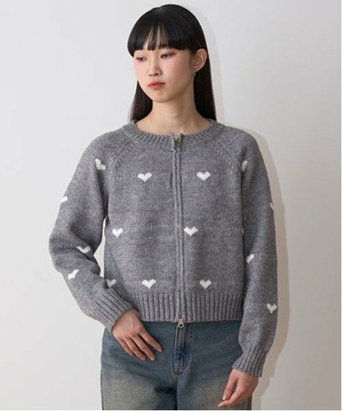 Mi-je / ミジェ ニット・セーター | ハートJQハーフZIP【韓国ファッション】（トップ グレー）