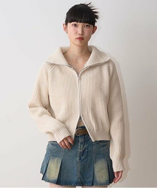 Mi-je / ミジェ ニット・セーター | スタンドZIPニット【韓国ファッション】（アイボリー）