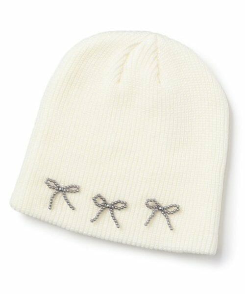 Mi-je / ミジェ ニットキャップ | ビーズリボンニット帽【韓国ファッション】（アイボリー）