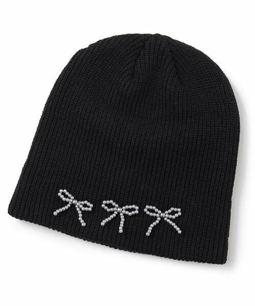 Mi-je / ミジェ ニットキャップ | ビーズリボンニット帽【韓国ファッション】（黒）