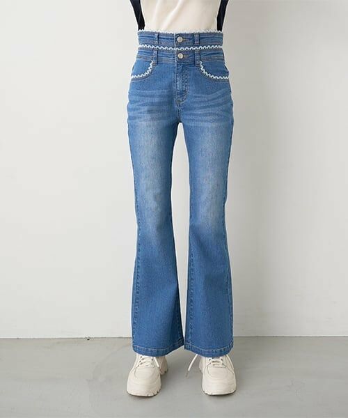 Mi-je / ミジェ その他パンツ | レース付デニムフレアパンツ【韓国ファッション】（ライト ブルー）