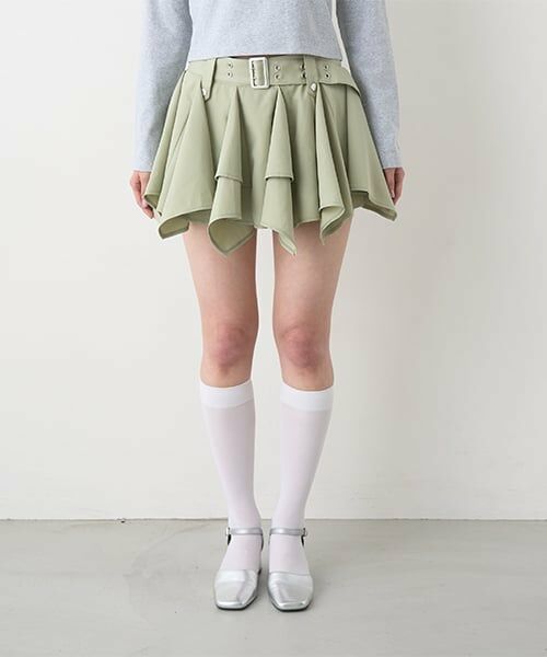 Mi-je / ミジェ ミニ・ひざ丈スカート | ヘムベルトミニスカート【韓国ファッション】（カーキ）