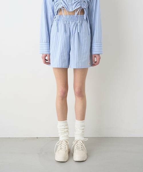 Mi-je / ミジェ ショート・ハーフ・半端丈パンツ | ストライプショートパンツ【韓国ファッション】（ブルー）