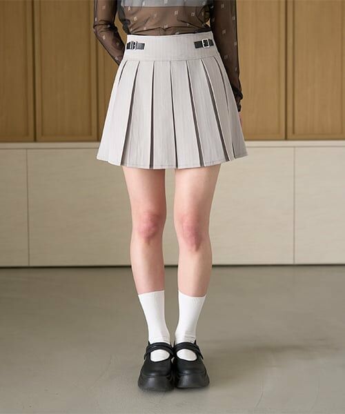 Mi-je / ミジェ ミニ・ひざ丈スカート | キルトベルトプリーツスカート【韓国ファッション】（ライト グレー）