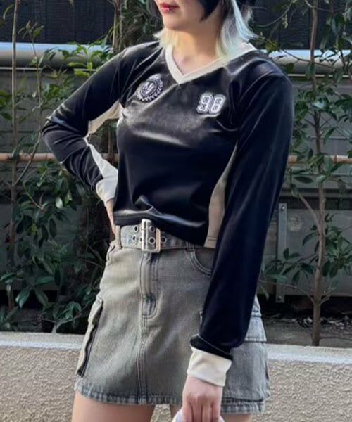 Mi-je / ミジェ Tシャツ | ベロアコンパクトプルオーバー【韓国ファッション】（黒）