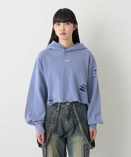 Mi-je / ミジェ スウェット | ダメージクロップドパーカ【韓国ファッション】（ブルー）