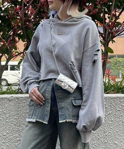 Mi-je / ミジェ スウェット | ダメージクロップドパーカ【韓国ファッション】（グレー）