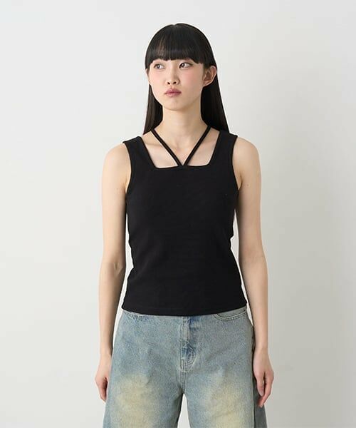 Mi-je / ミジェ Tシャツ | クロスホルタータンク【韓国ファッション】（黒）