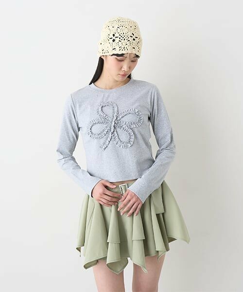 Mi-je / ミジェ Tシャツ | モチーフフリル長袖Tシャツ【韓国ファッション】（グレー）