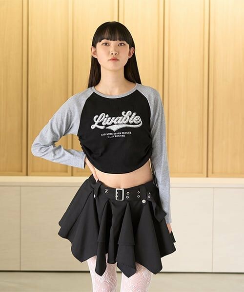 Mi-je / ミジェ Tシャツ | シャーリングラグランロンT【韓国ファッション】（黒）