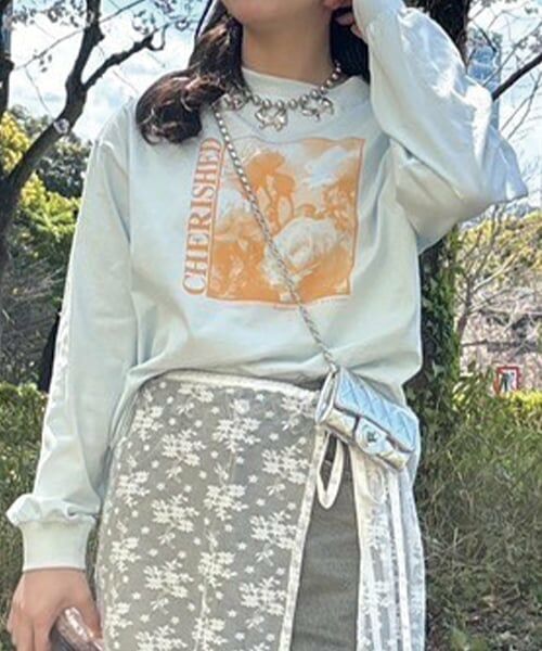 Mi-je / ミジェ Tシャツ | アソートグラフィック長袖Tシャツ【韓国ファッション】（ライト ブルー）