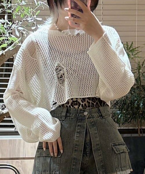 Mi-je / ミジェ ニット・セーター | ダメージメッシュニット【韓国ファッション】（アイボリー）