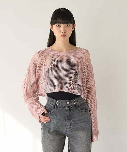 Mi-je / ミジェ ニット・セーター | ダメージメッシュニット【韓国ファッション】（ピンク）