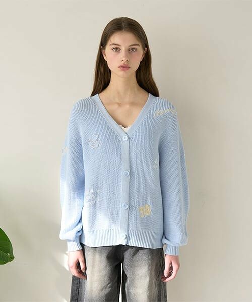 Mi-je / ミジェ ニット・セーター | モチーフ刺しゅうカーディガン【韓国ファッション】（ライト ブルー）