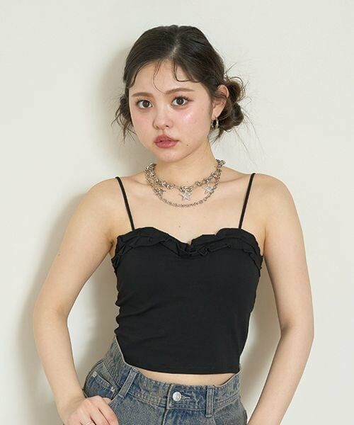 Mi-je / ミジェ Tシャツ | フリルキャミソール【韓国ファッション】（黒）