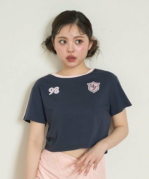 Mi-je / ミジェ Tシャツ | ラインコンパクト半袖Tシャツ【韓国ファッション】（紺）