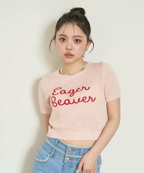 Mi-je / ミジェ ニット・セーター | チェーン刺しゅうロゴ半袖ニット【韓国ファッション】（ピンク）
