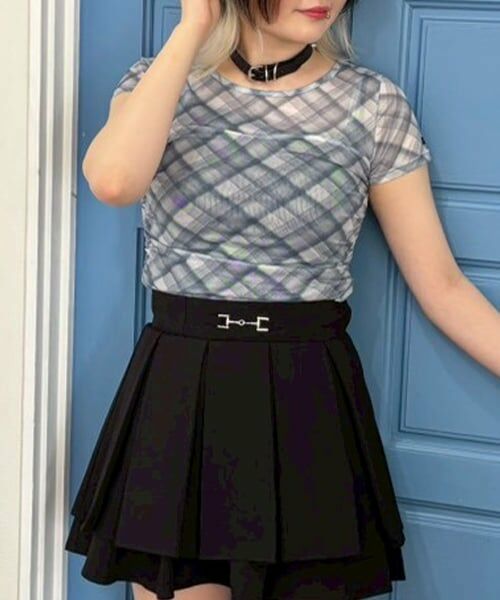 Mi-je / ミジェ Tシャツ | チェックシアー半袖インナー【韓国ファッション】（ライト ブルー）