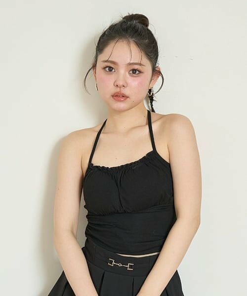 Mi-je / ミジェ Tシャツ | ギャザーホルターブラトップ【韓国ファッション】（黒）
