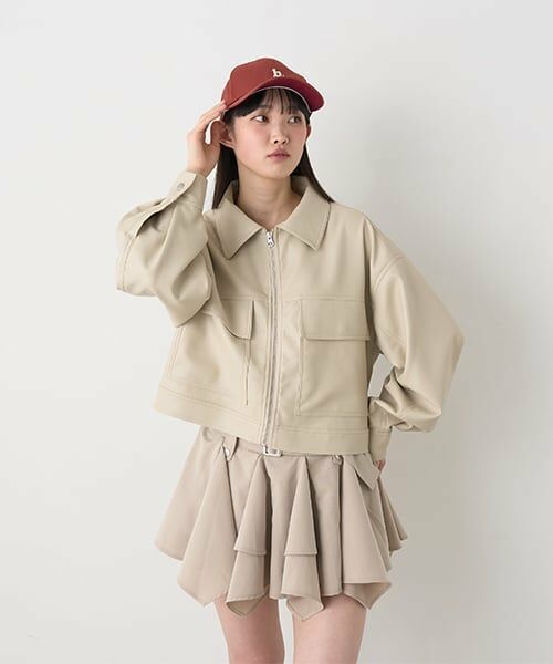 Mi-je / ミジェ ブルゾン | コンパクトレザージャケット【韓国ファッション】（アイボリー）