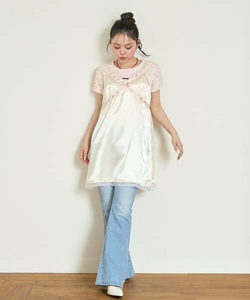 Mi-je / ミジェ ミニ丈・ひざ丈ワンピース | ランジェリー風キャミワンピース【韓国ファッション】（クリーム）