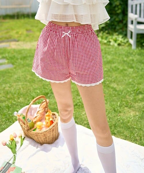 Mi-je / ミジェ ショート・ハーフ・半端丈パンツ | ギンガムチェックショートパンツ【韓国ファッション】（赤）