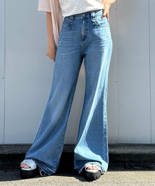 Mi-je / ミジェ その他パンツ | デニム裾加工ワイドパンツ【韓国ファッション】（ブルー）