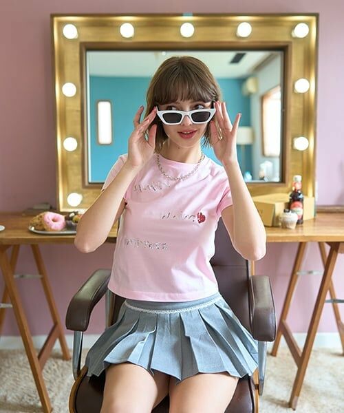 Mi-je / ミジェ Tシャツ | スパンコールロゴ半袖Tシャツ【韓国ファッション】（ピンク）