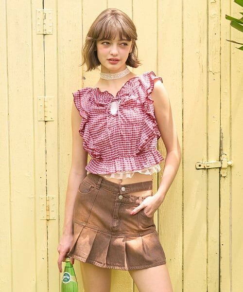 Mi-je / ミジェ シャツ・ブラウス | フリルスリーブチェックブラウス【韓国ファッション】（赤）