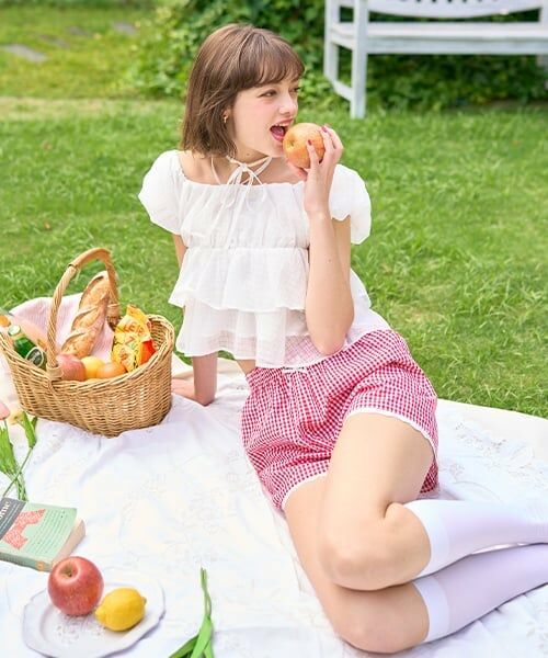 Mi-je / ミジェ シャツ・ブラウス | ティアードシアーチェックブラウス【韓国ファッション】（オフ ホワイト）