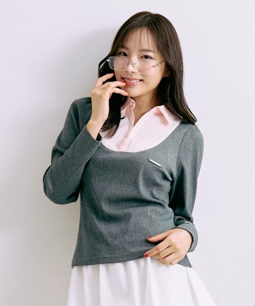 Mi-je / ミジェ Tシャツ | シャツレイヤードカットプルオーバー【韓国ファッション】（グレー）