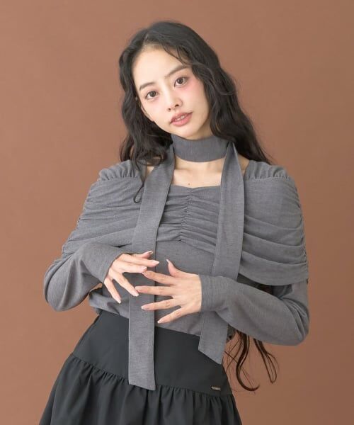 Mi-je / ミジェ Tシャツ | タイ付ギャザーオフショルカットソー【韓国ファッション】 | 詳細1