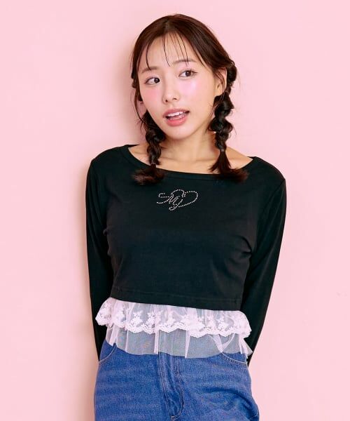 Mi-je / ミジェ Tシャツ | 裾フリルラインストーンTシャツ【韓国ファッション】（黒）