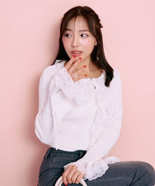 Mi-je / ミジェ ニット・セーター | フリルレースニットカーディガン【韓国ファッション】（アイボリー）