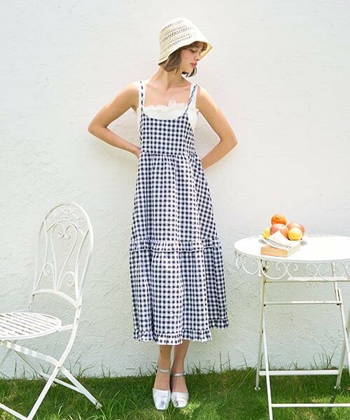 Mi-je / ミジェ ミニ丈・ひざ丈ワンピース | ギンガムチェックキャミワンピース【韓国ファッション】（黒）
